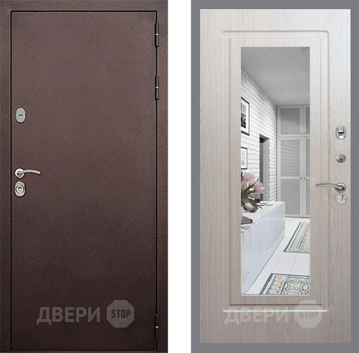Входная металлическая Дверь Стоп КЛАССИК Медь Зеркало ФЛ-120 Беленый дуб в Солнечногорске