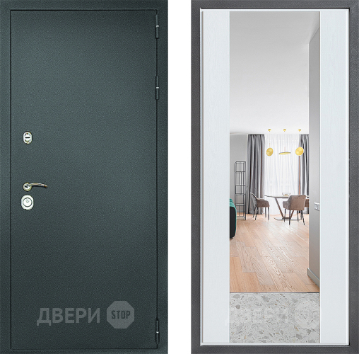 Входная металлическая Дверь Дверной континент Рубикон Серебро Дизайн ФЛЗ-1 Зеркало Белое дерево в Солнечногорске